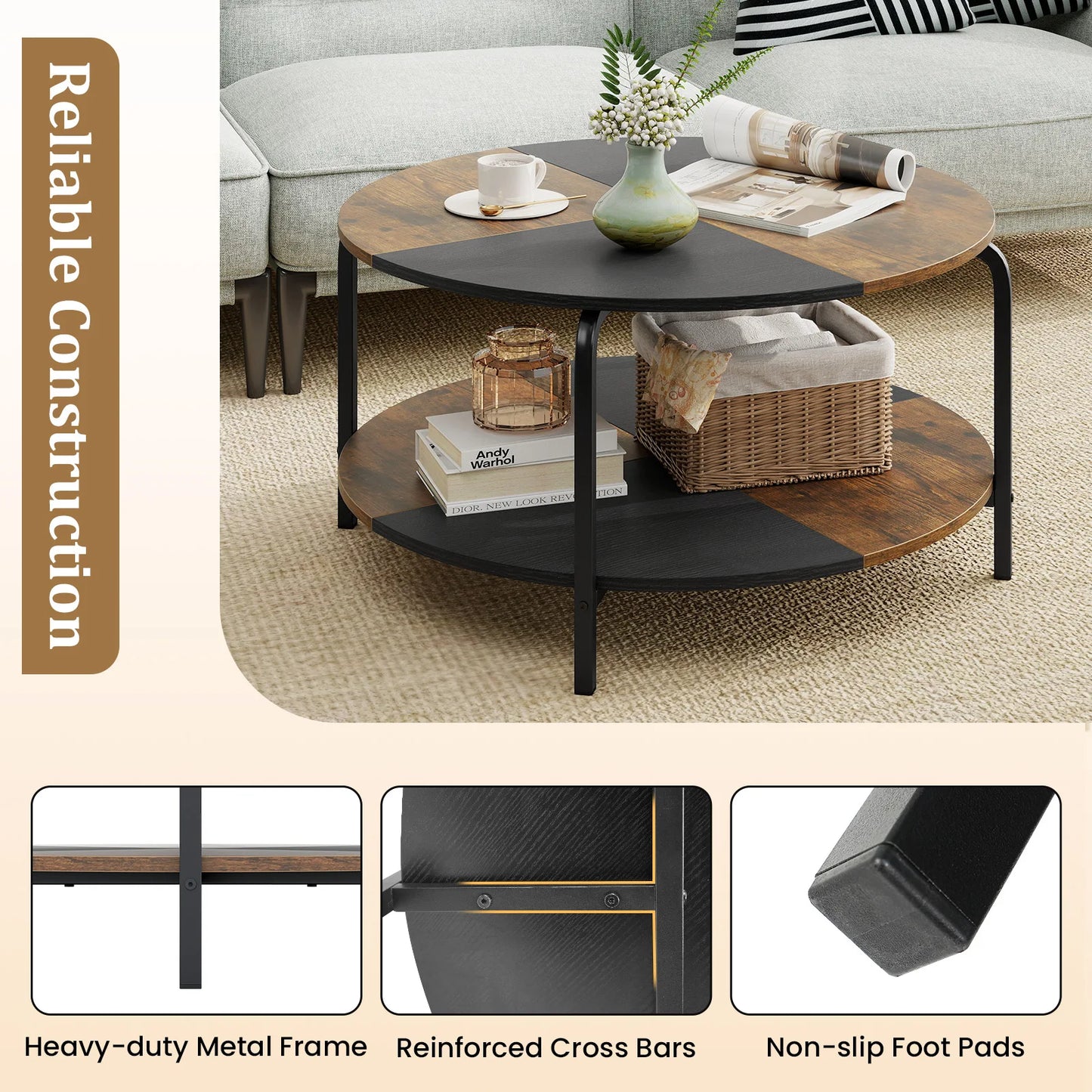 HOMASIS Two Tier Round Coffee Table With Storage Shelf Metal Frame