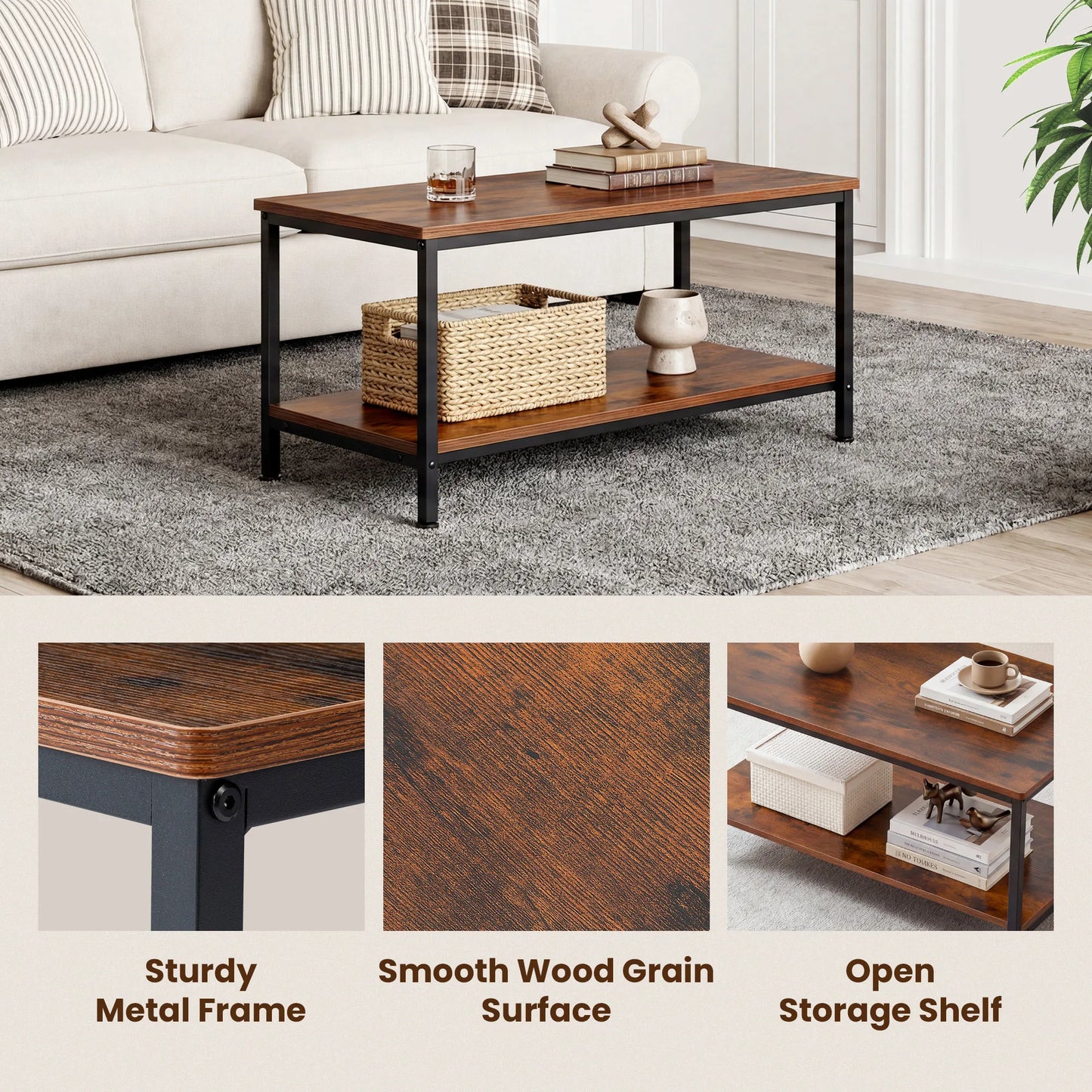JHK Modern Wood Coffee Table Storage And Anti Slip Feet