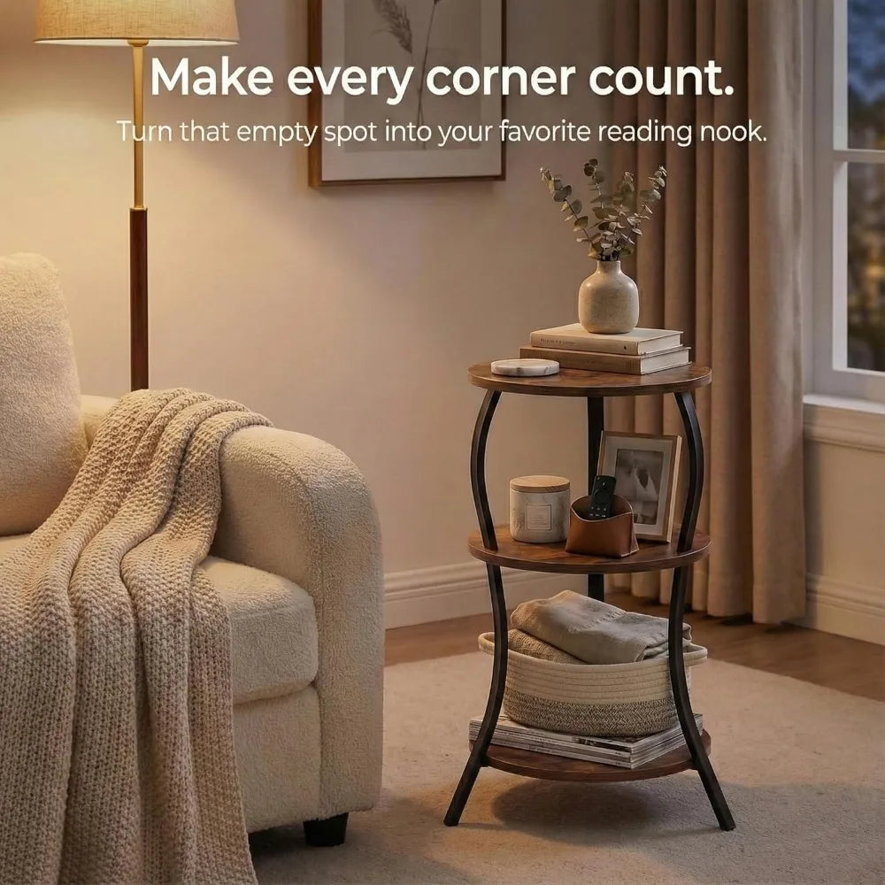 NBVCX Round Side Table With 3 Tier Storage Shelf For Living Room And Bedroom