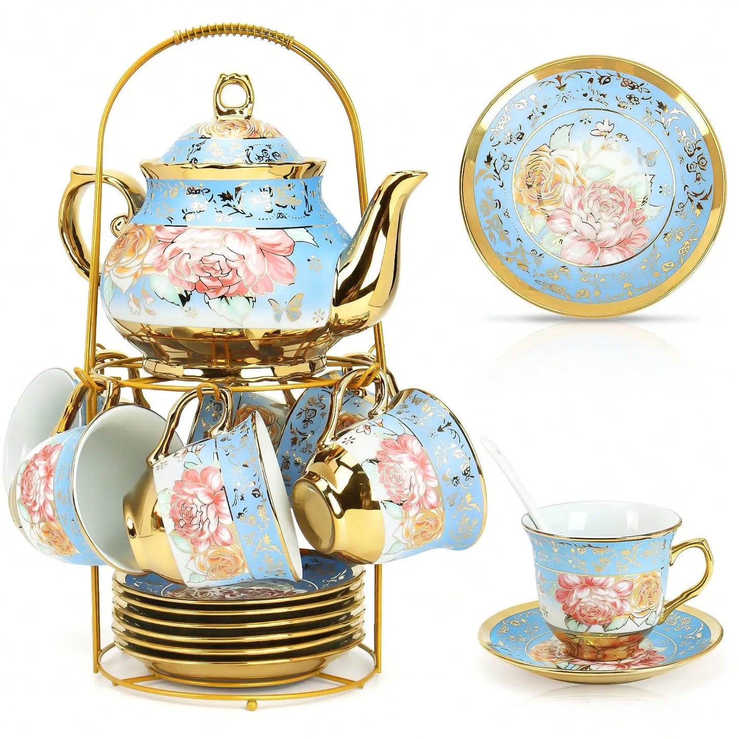 European Porcelain Tea Set With Metal Holder And Floral Pattern