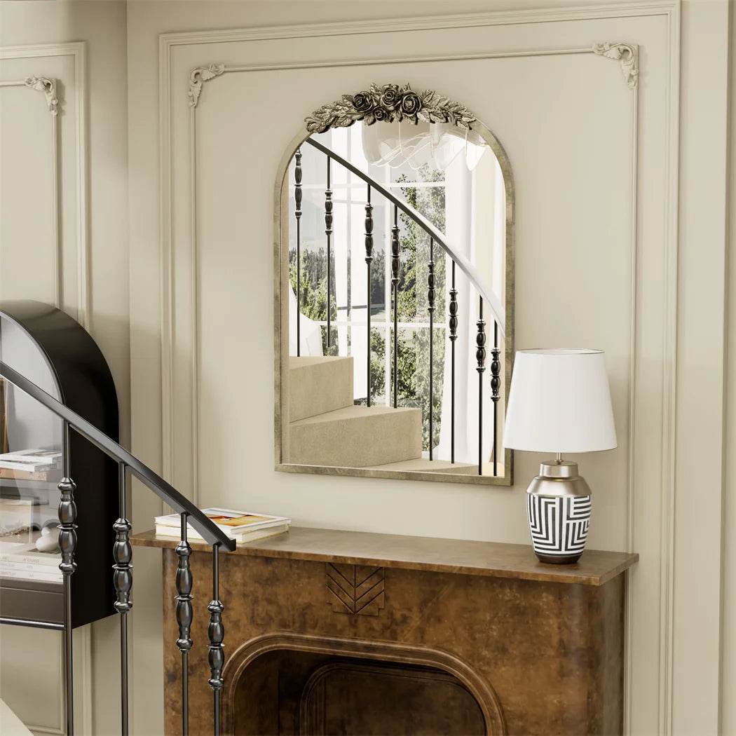 LUVODI Arched Wall Mirror With Metal Frame And Resin Rose Pattern