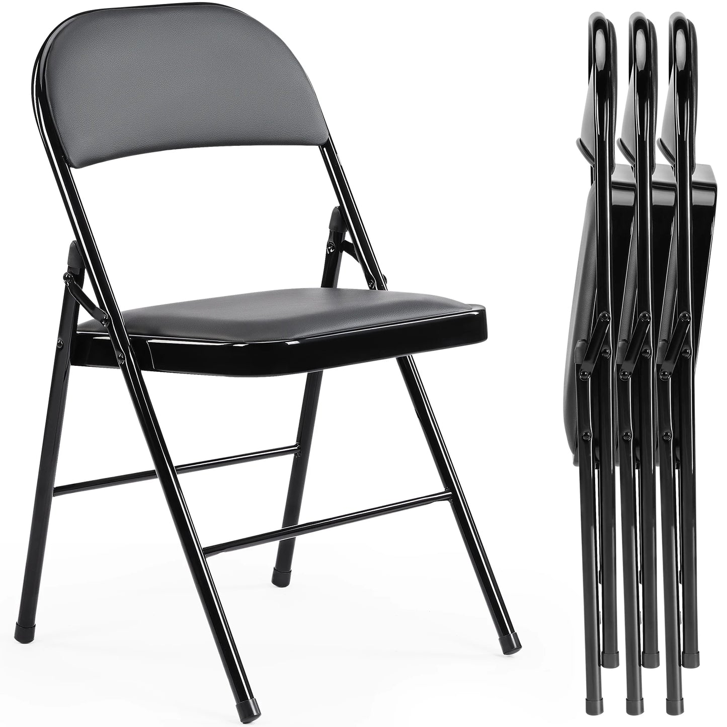 JHK Leather Padded Folding Chairs 4 Pack Sturdy Metal Frame