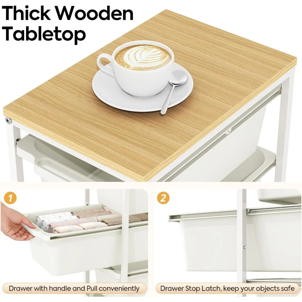 NBVCX Three Drawer Rolling Cart With Wood Top For Bedroom