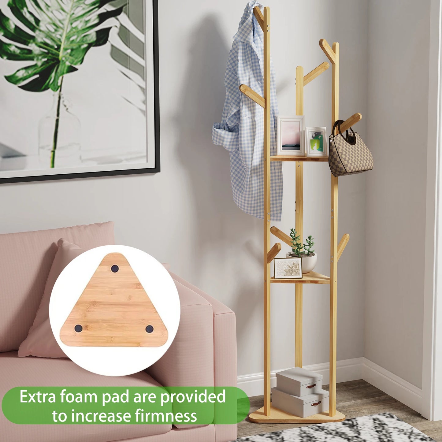 Wisfor Bamboo Corner Coat Rack With Hooks And Shelves