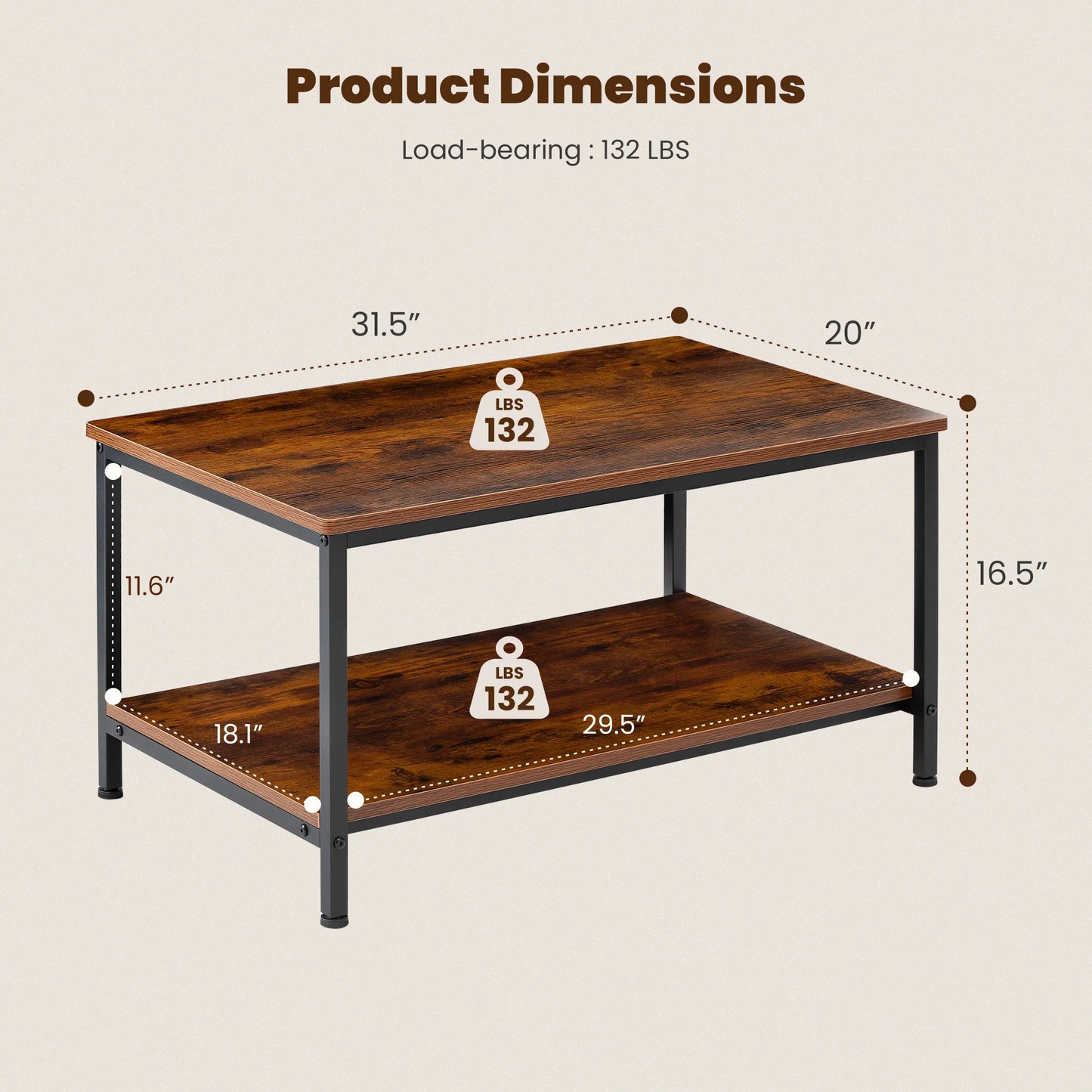 JHK Modern Wood Coffee Table Storage And Anti Slip Feet