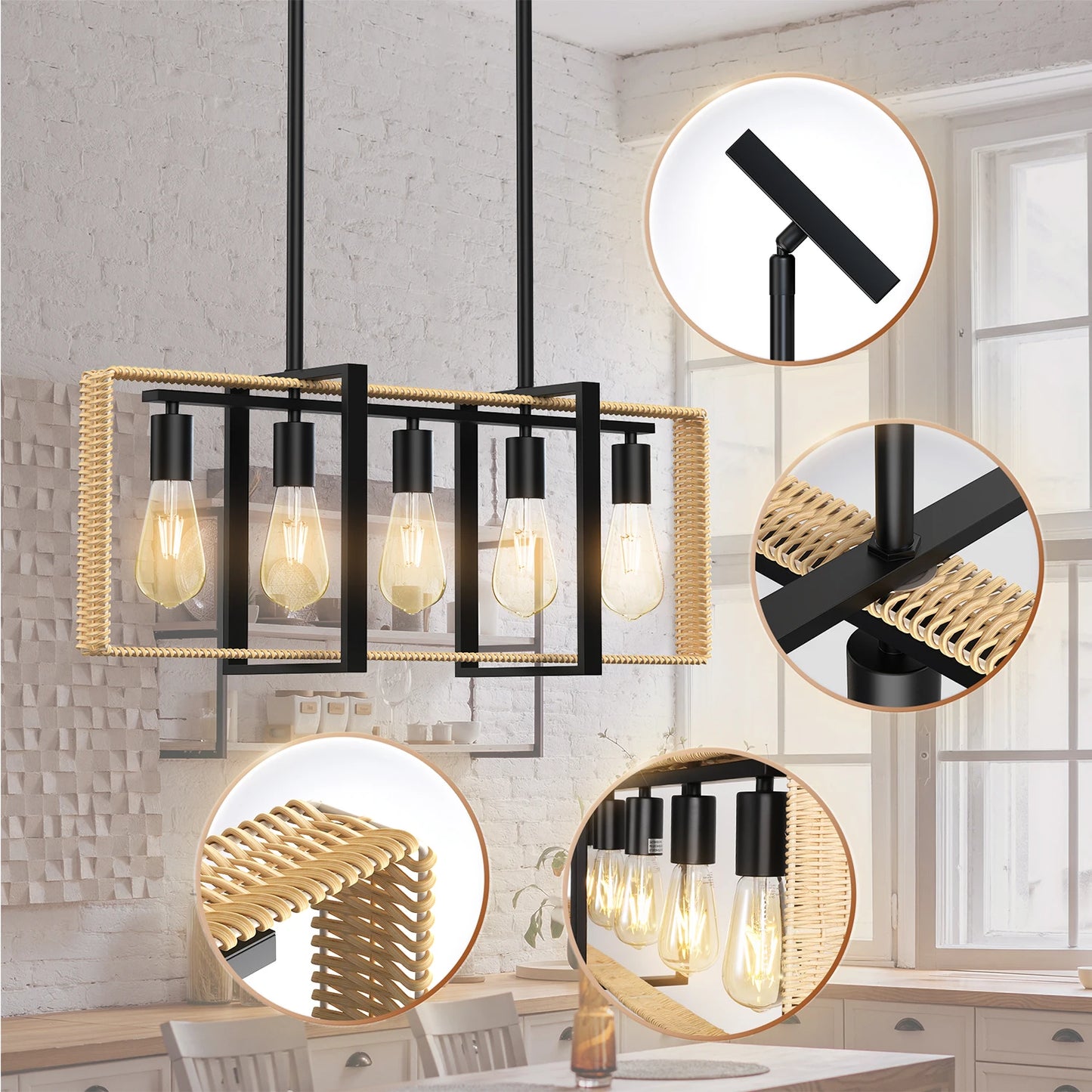 TWISTER.CK Five Light Rattan Pendant Ceiling Light Farmhouse
