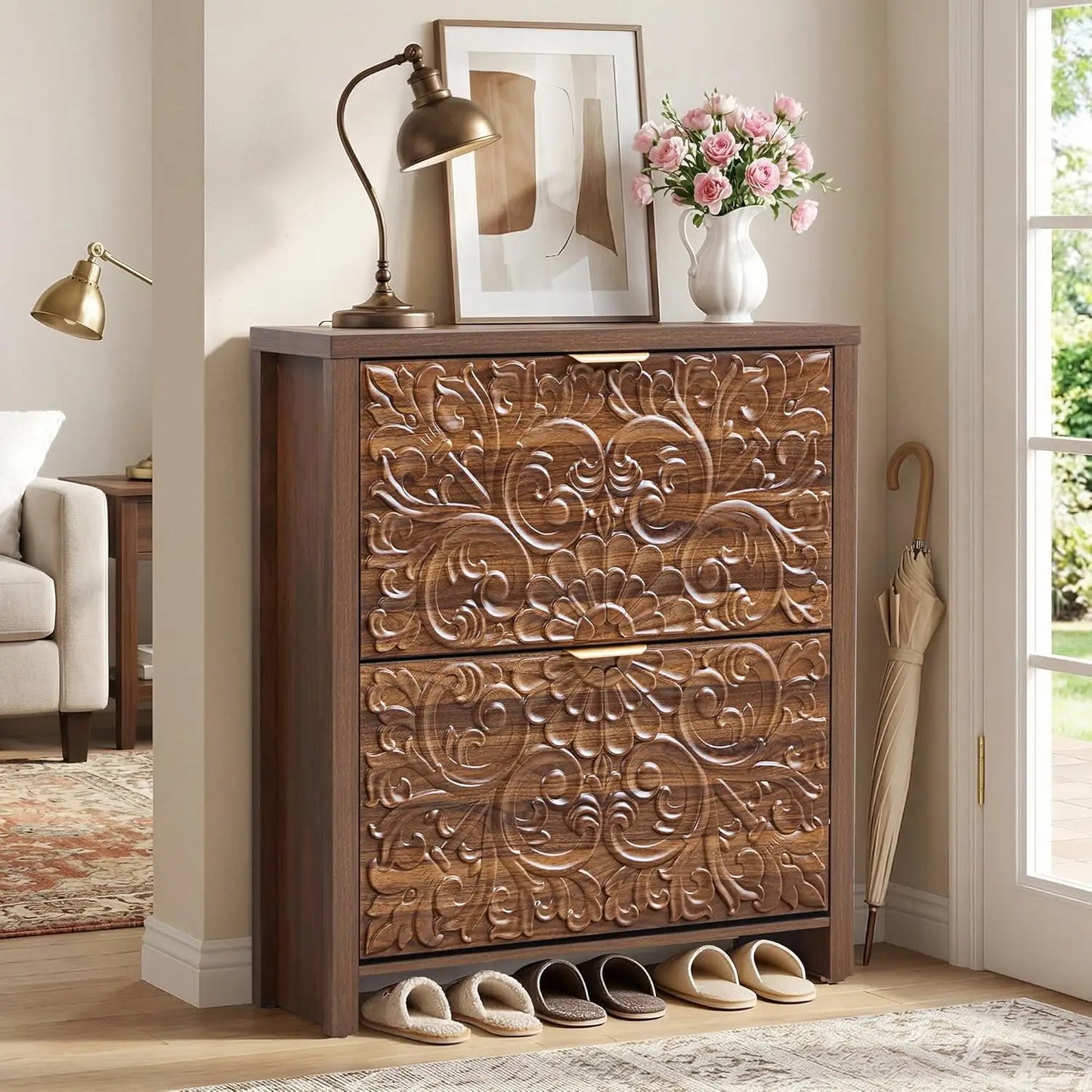 Slim Shoe Cabinet With Flip Drawers 2 Tier Organizer
