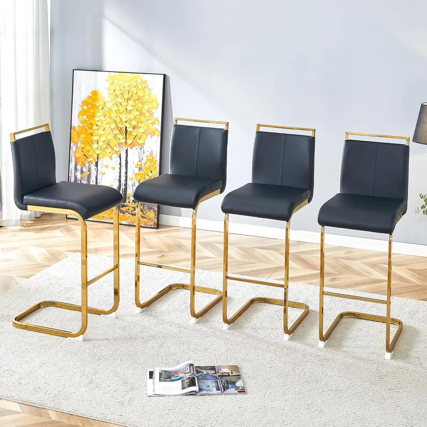Frame Bar Stools 4 With Back Modern Faux Leather Seating
