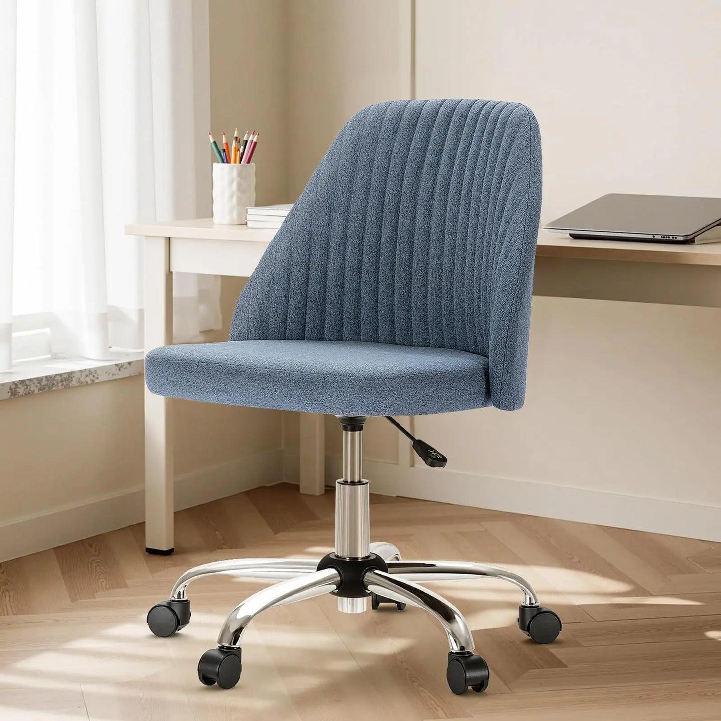 Height Adjustable Armless Vanity Office Chair With Rolling Wheels
