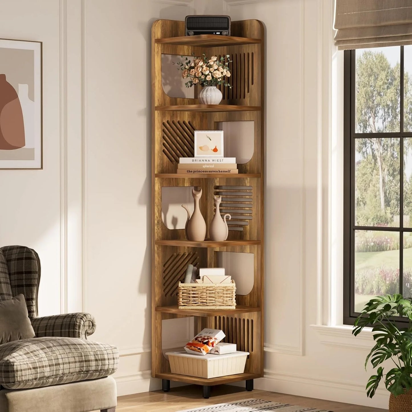 6 Tier Tall Corner Shelf Bookshelf Freestanding Bookcase Home Office