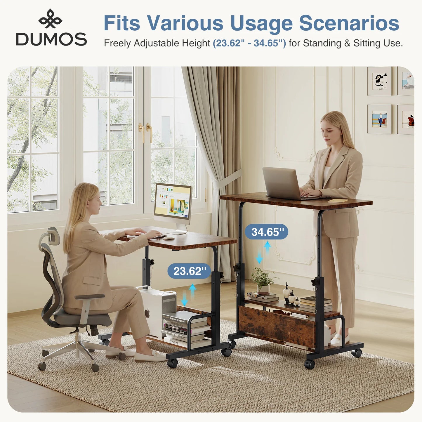 JHK Adjustable Height Mobile Standing Computer Desk With Locking Wheels