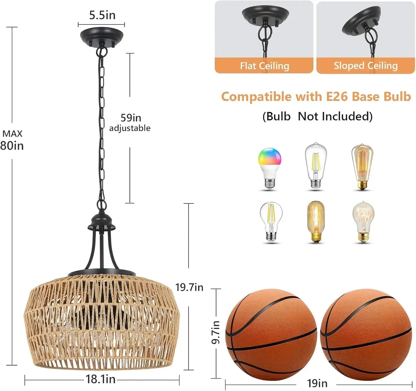 Farmhouse 5 Light Rattan Chandelier Dining Room Light Fixture