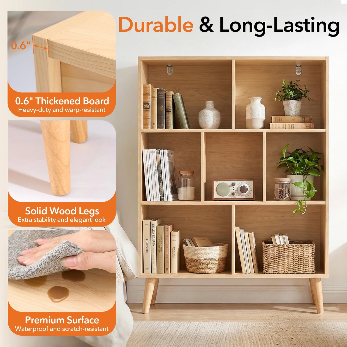 JHK 3 Tier Wooden Bookshelf With Seven Cube Storage Organizer