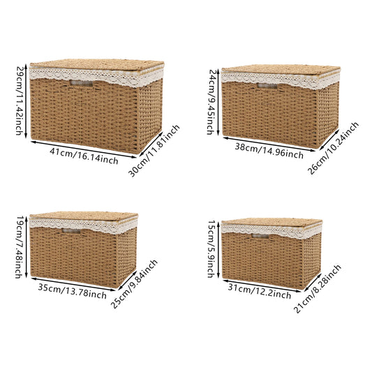 4 PCS Woven Storage Baskets Retro Country Style with Lid Sundries Organizer with Handle & Liner Desktop Decor Picnic Basket