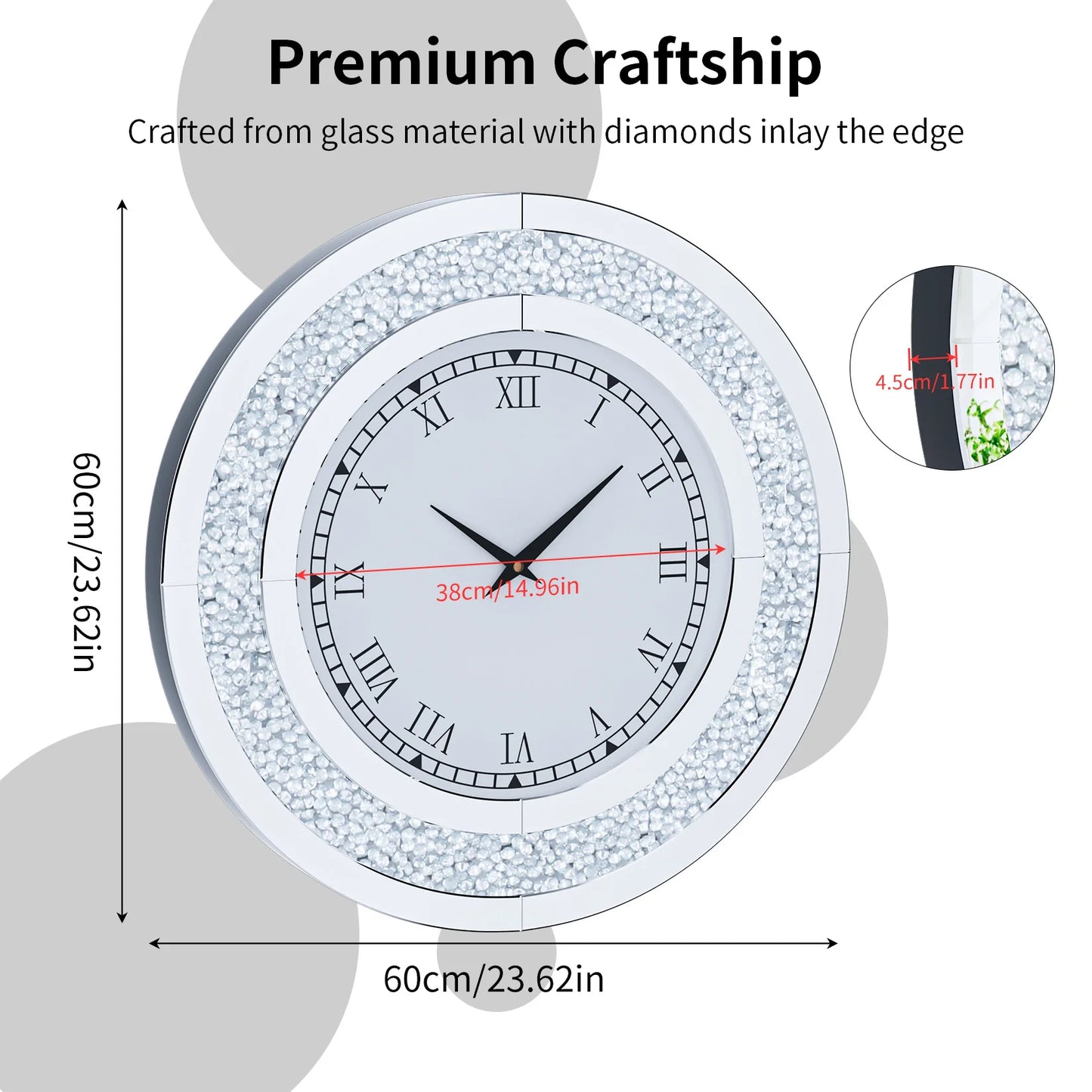 Round Mirrored Wall Clock With Crystals For Sparkling Decor