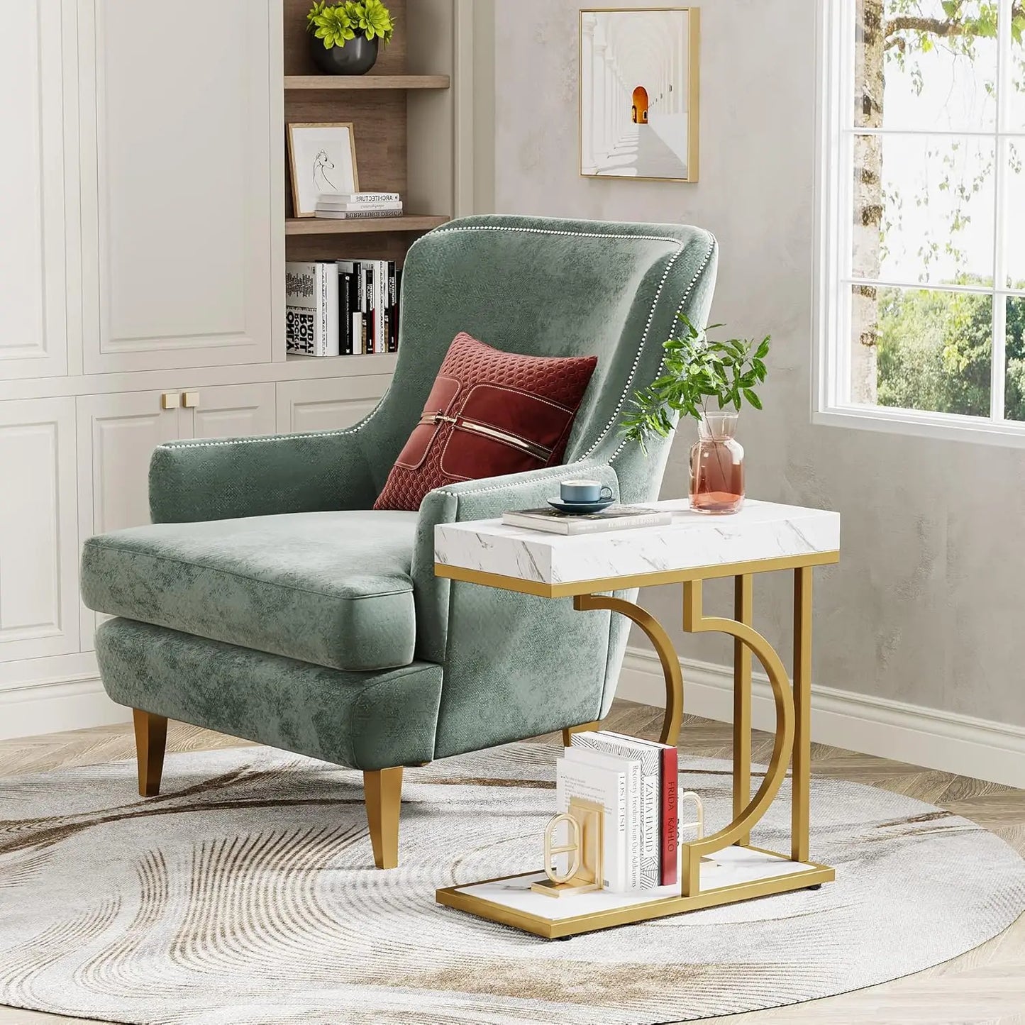 Little Tree C Shaped End Table With Metal Frame For Living Room