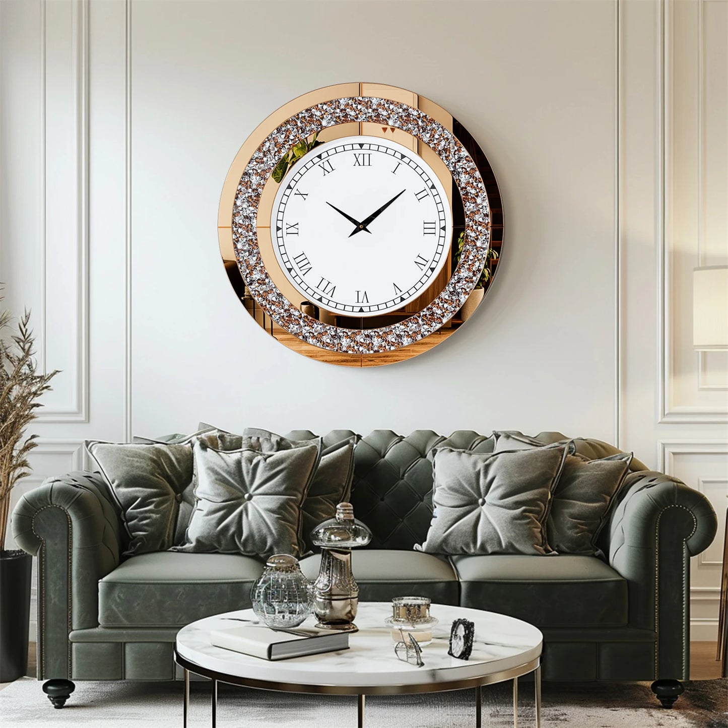 Round Mirrored Wall Clock With Crystals For Sparkling Decor