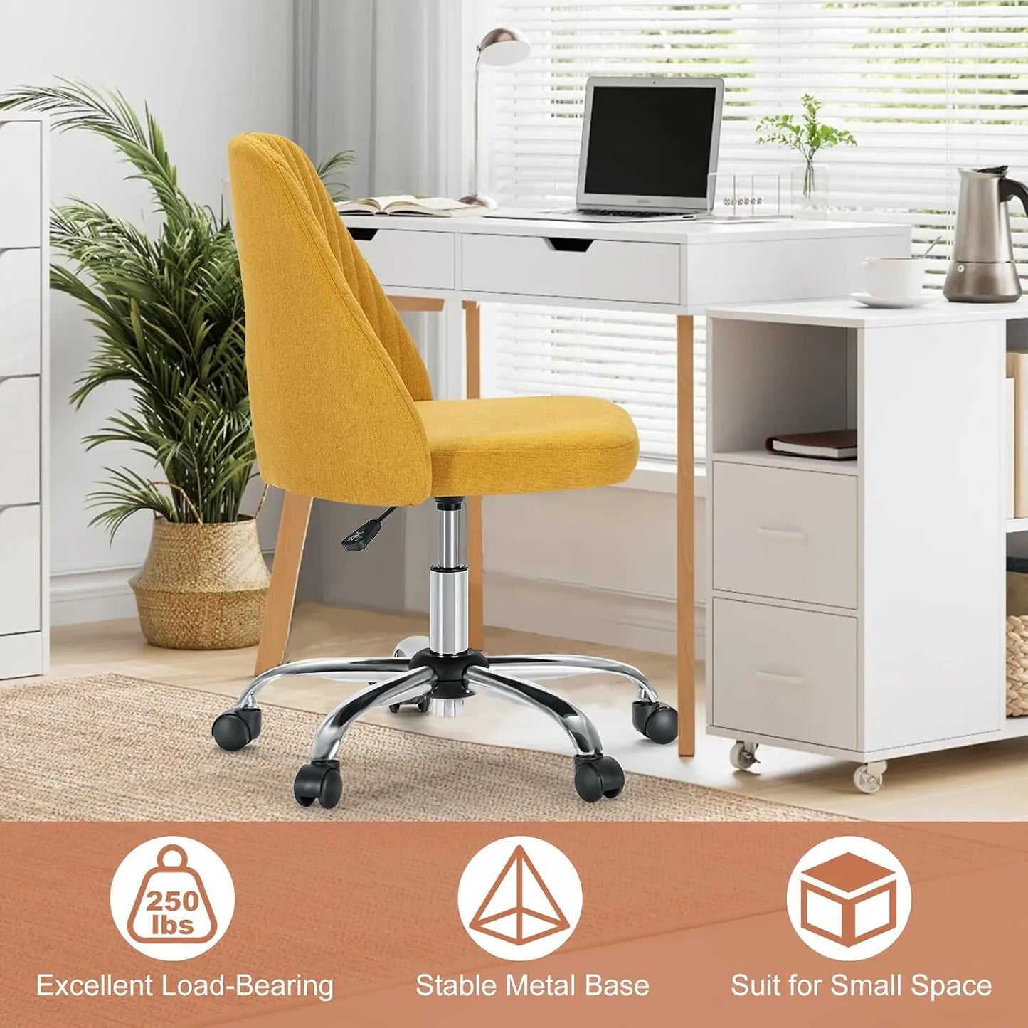 Height Adjustable Armless Vanity Office Chair With Rolling Wheels