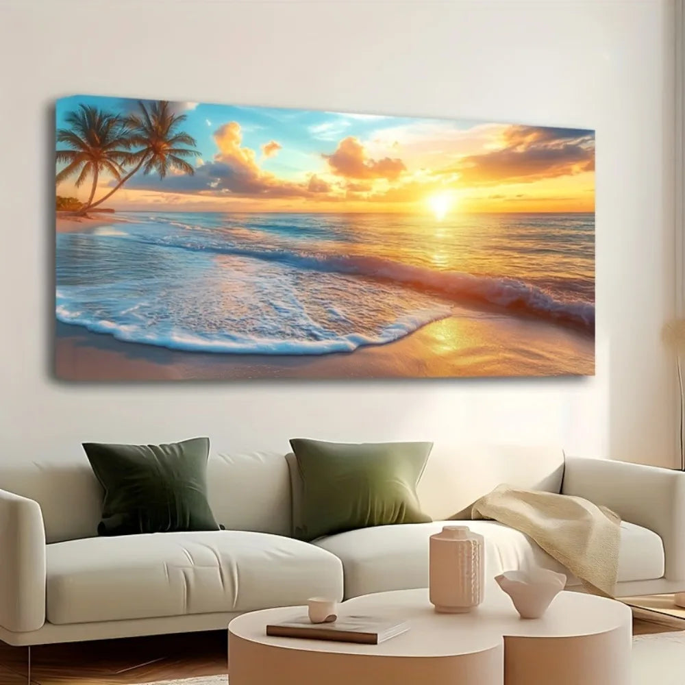 Pine Solid Wood Frame Ocean Sunset Canvas Wall Art