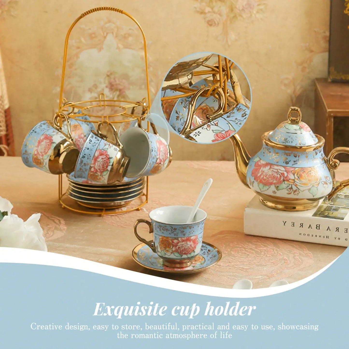 European Porcelain Tea Set With Metal Holder And Floral Pattern