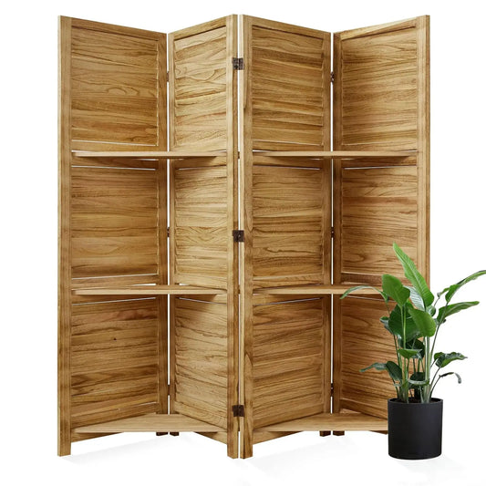 Wood Folding Privacy Screen Partition With Shelves For Home Use