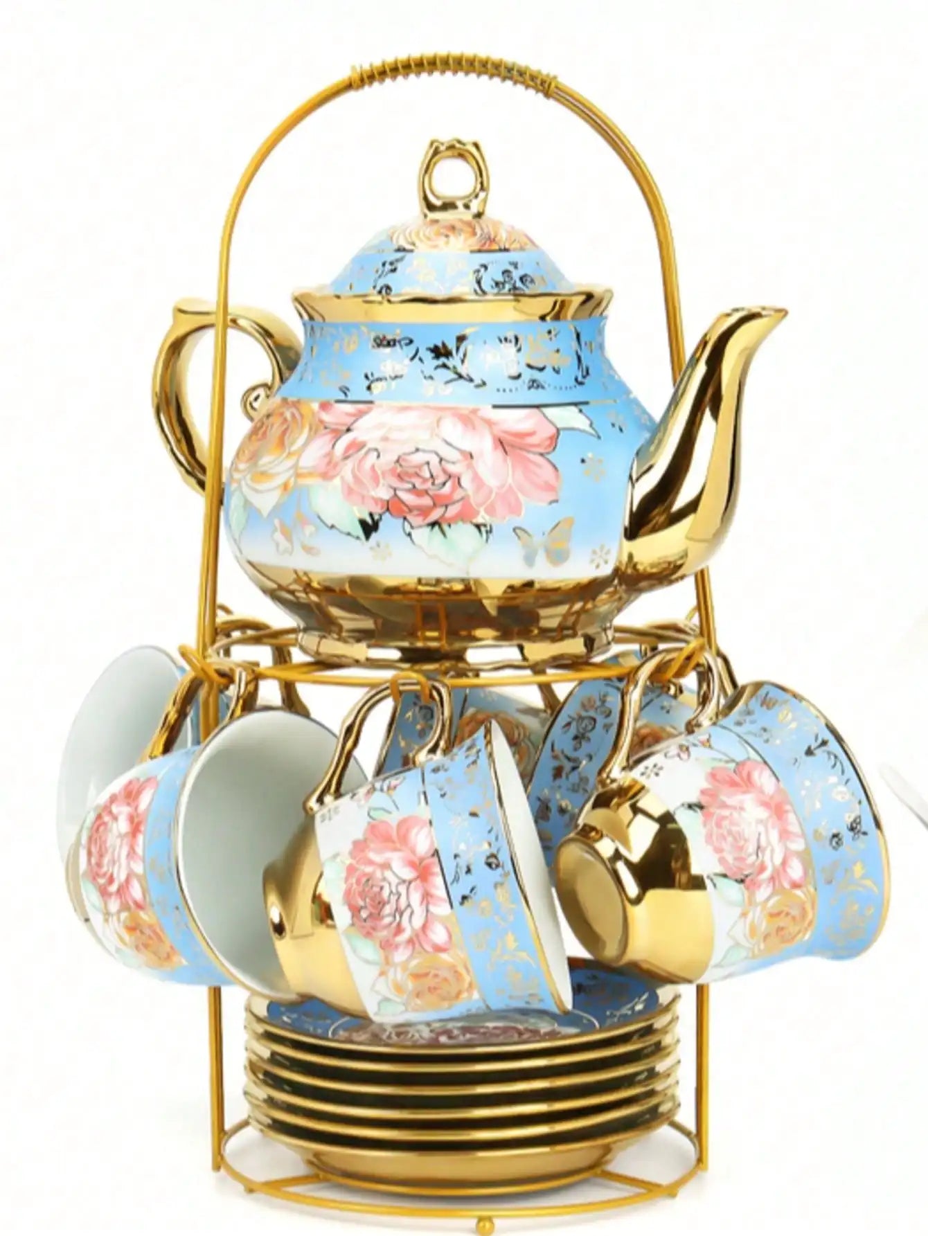 European Porcelain Tea Set With Metal Holder And Floral Pattern
