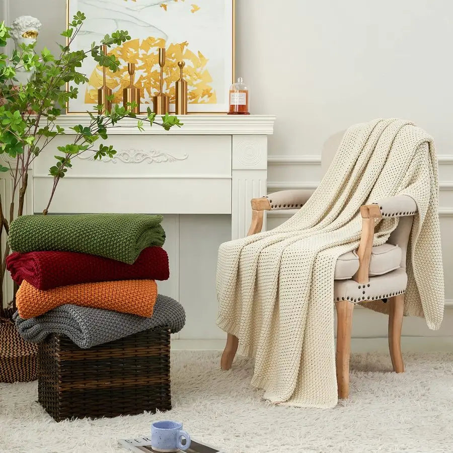 Chunky Cable Knit Throw Blanket Organic Cotton For Sofa Bed