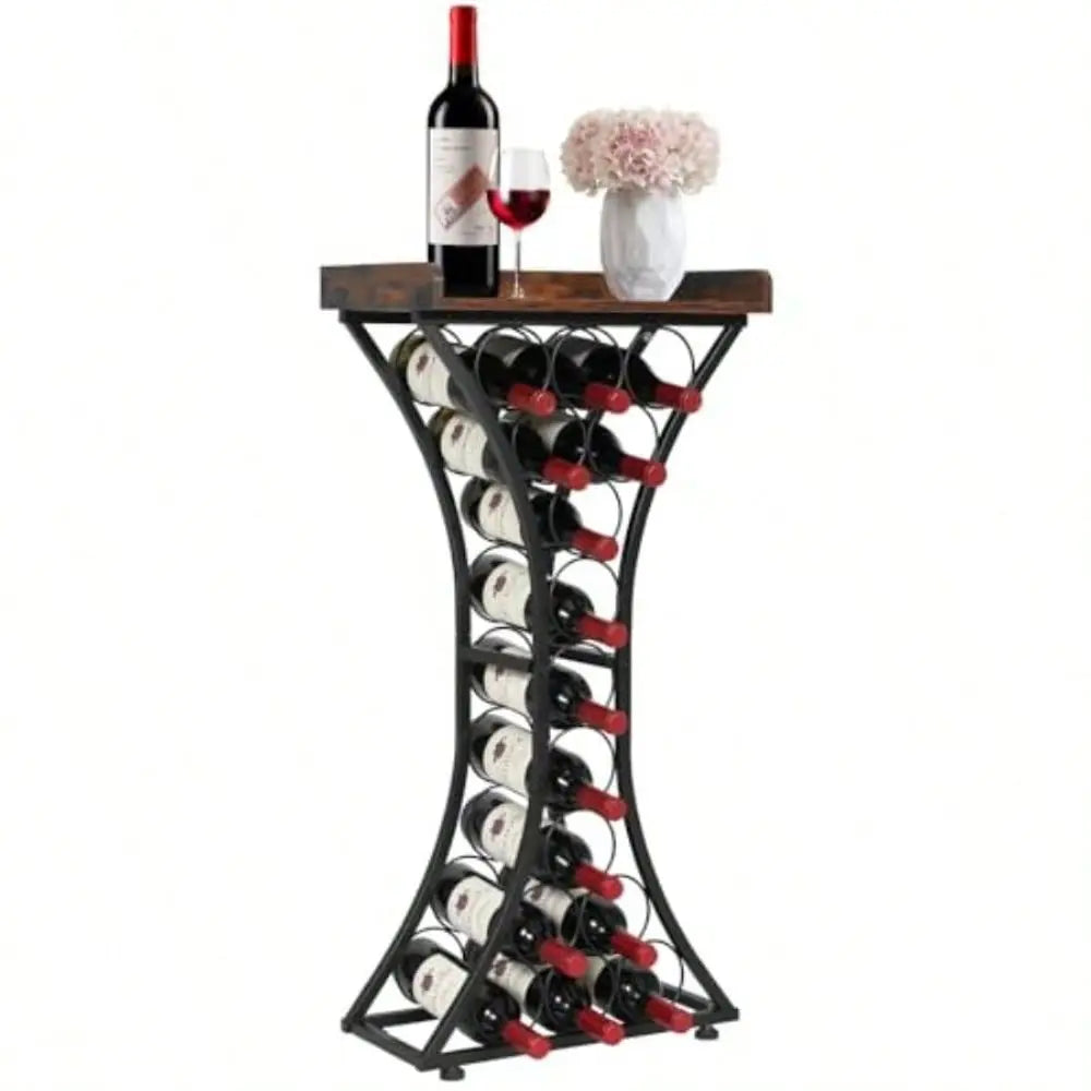 15 Bottle Iron Freestanding Wine Rack With Wood Tabletop Bar