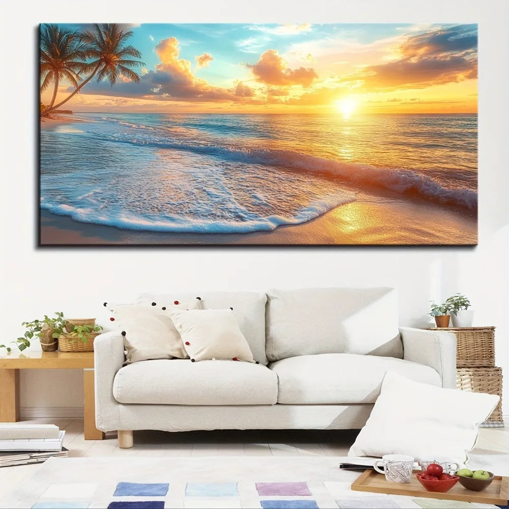 Pine Solid Wood Frame Ocean Sunset Canvas Wall Art