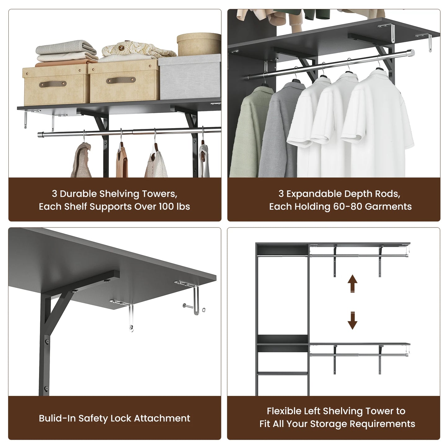 FARINI Heavy Duty Closet Organizer With 4 Hang Rods And 5 Shelves