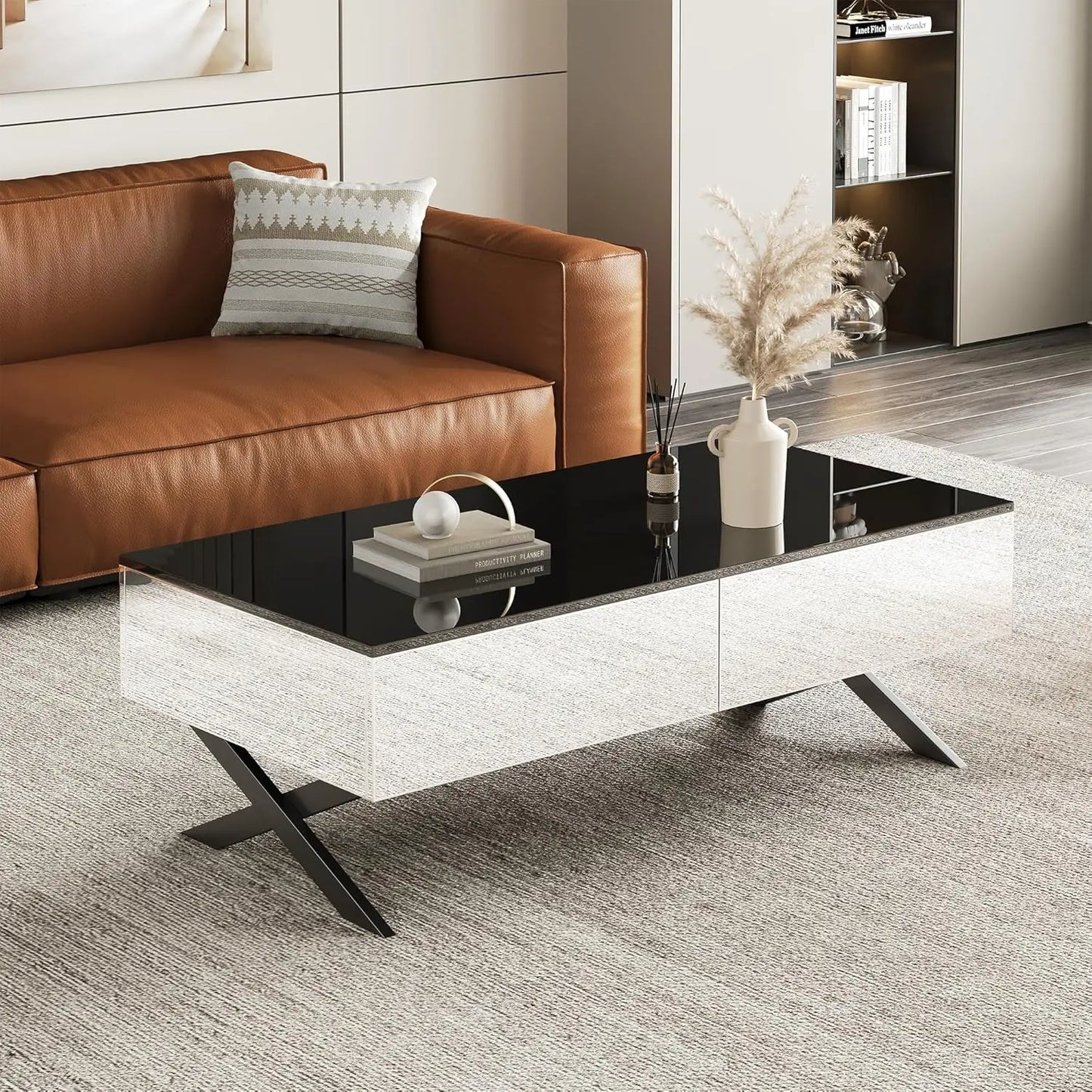 Rectangular Bamboo Coffee Table With Four Drawers And Metal Base