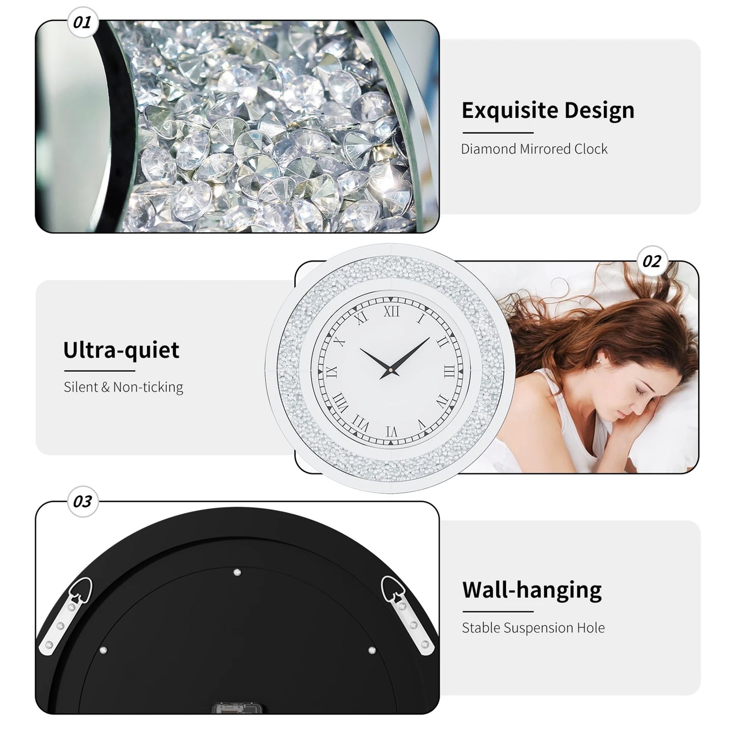 Round Mirrored Wall Clock With Crystals For Sparkling Decor
