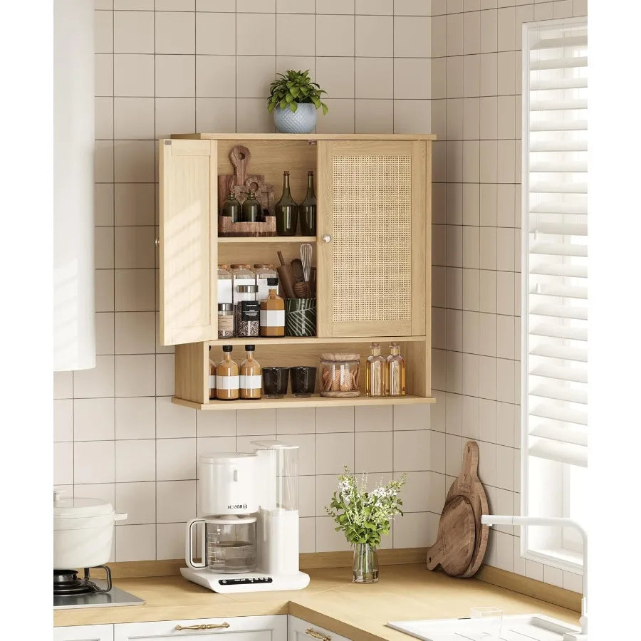 XIUWO Modern Medicine Cabinet With Adjustable Shelf And Rattan Doors