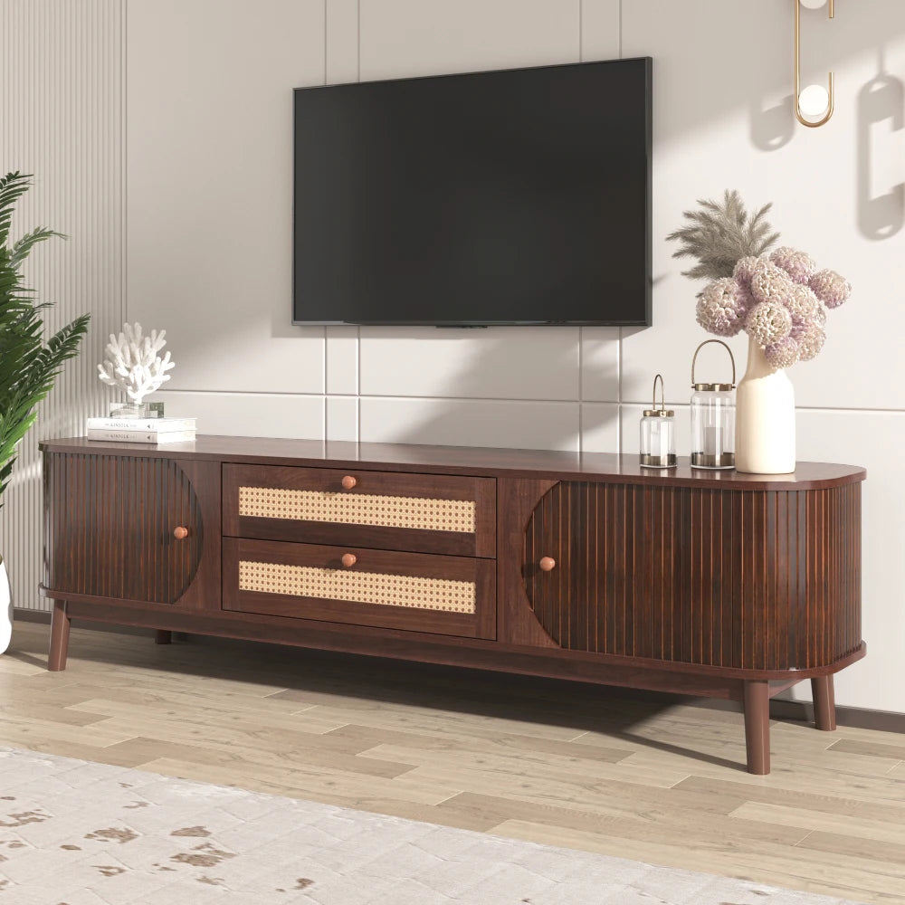 Rattan TV Stand Modern Farmhouse Media Console With Wood Legs