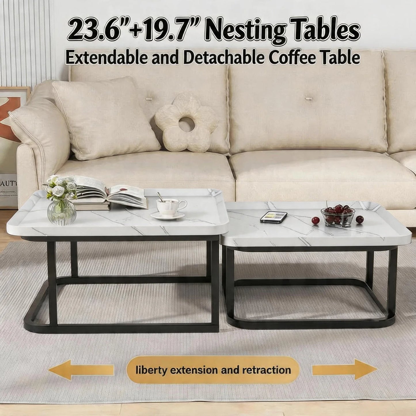 HiMISS Square Nesting Coffee Tables With Fluted Wood Design