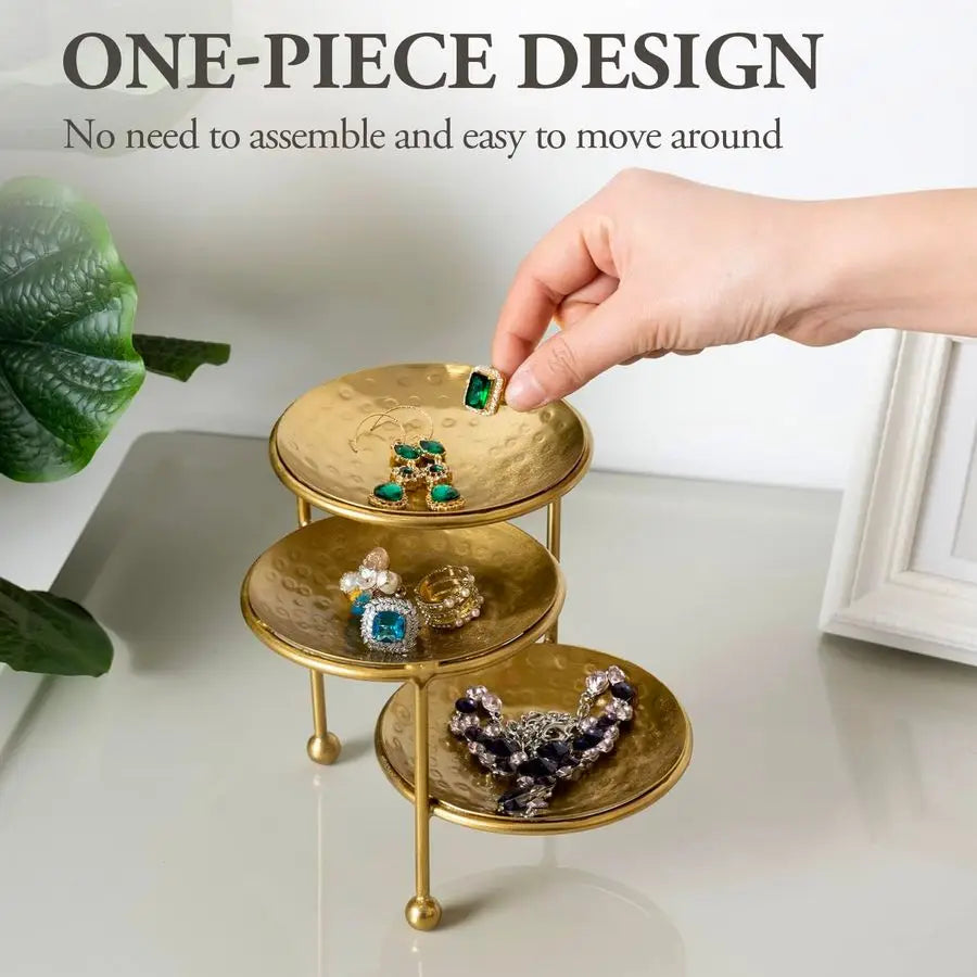 Hammered Brass Plated 3 Tier Jewelry Organizer Ring Dish Stand