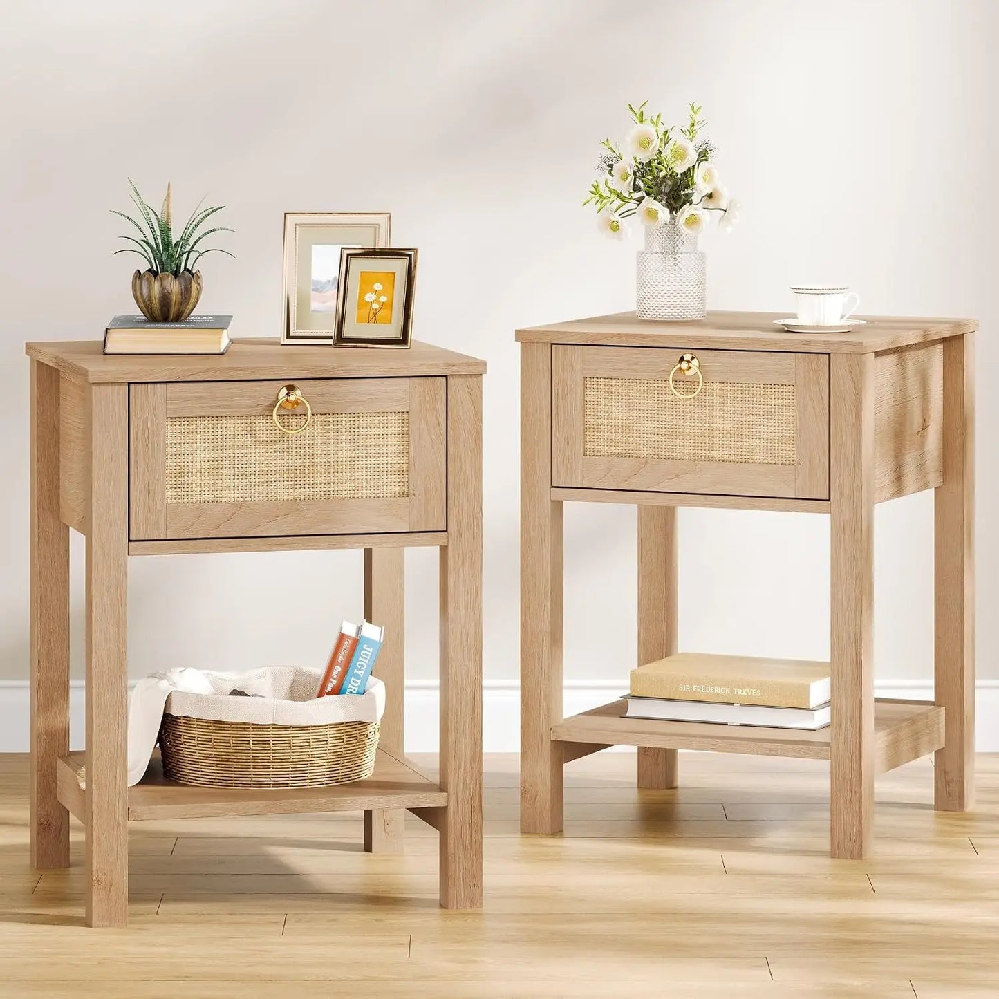Rattan Nightstands Set of 2 Boho Style Bedroom End Tables
