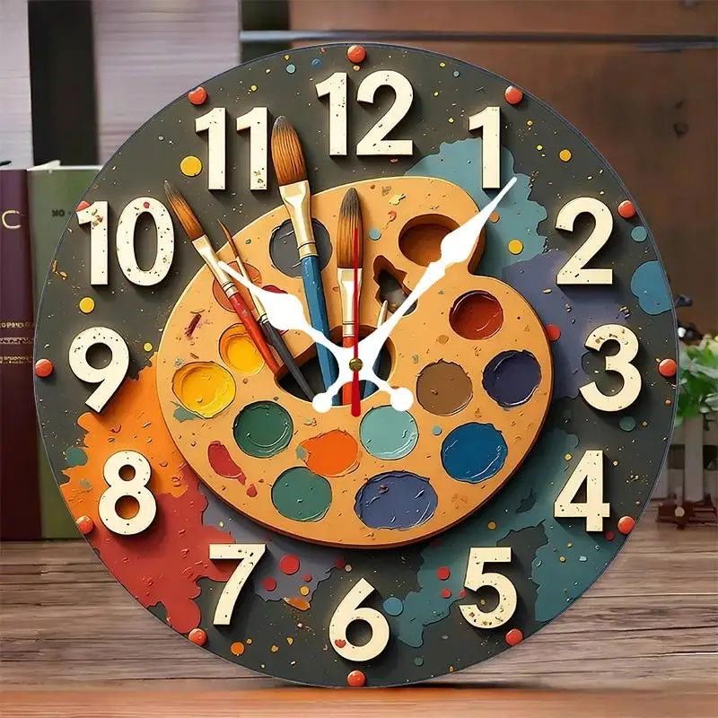 DIY 2D Flat Oil Painting Pattern Wooden Round Silent Wall Clock