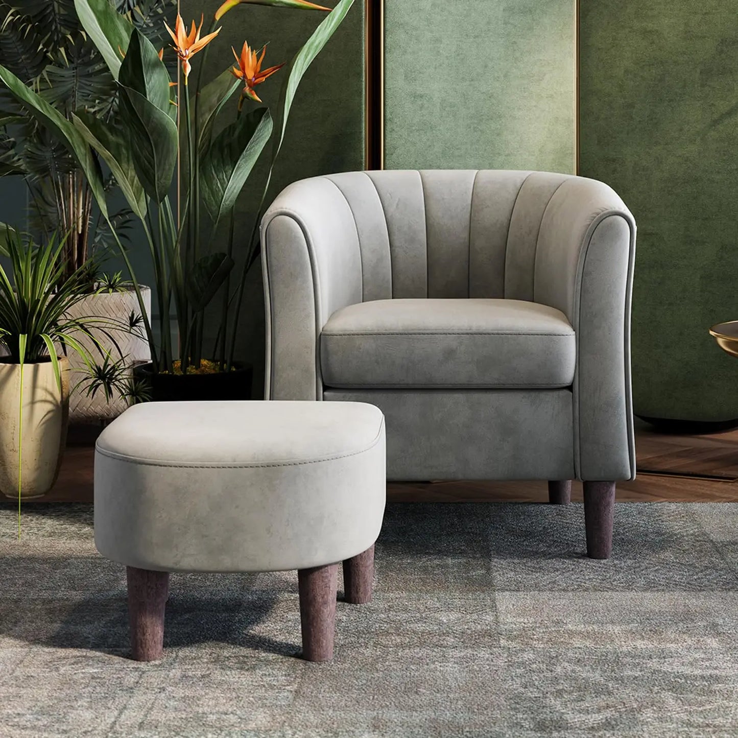 Velvet Accent Chair With Ottoman Modern Barrel Armchair