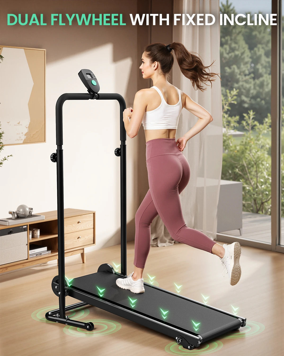 AKLUER Motorless Treadmill With Dual Flywheels And Fixed Incline