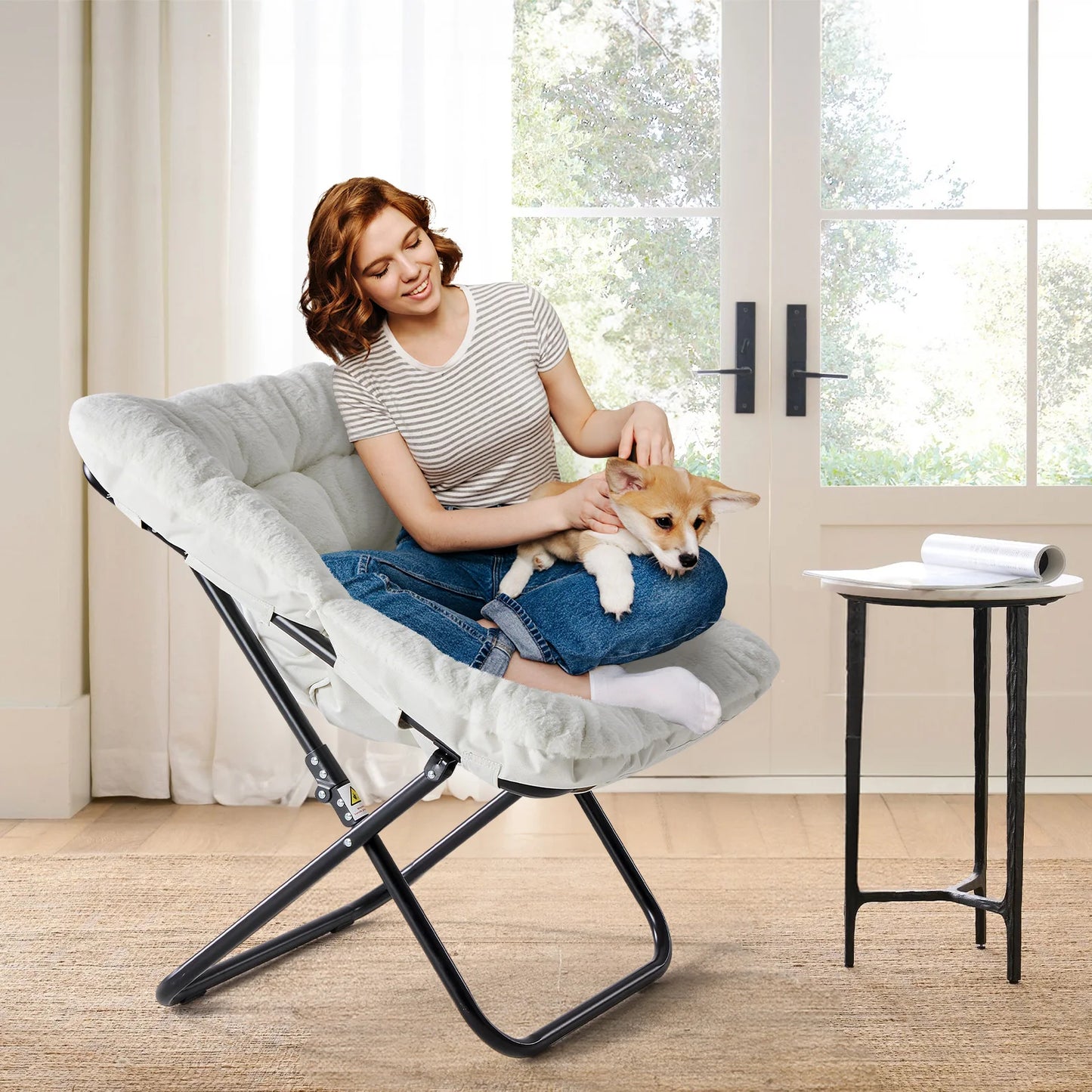 JHK Cozy Saucer Chair Faux Fur Folding Lounge Seat