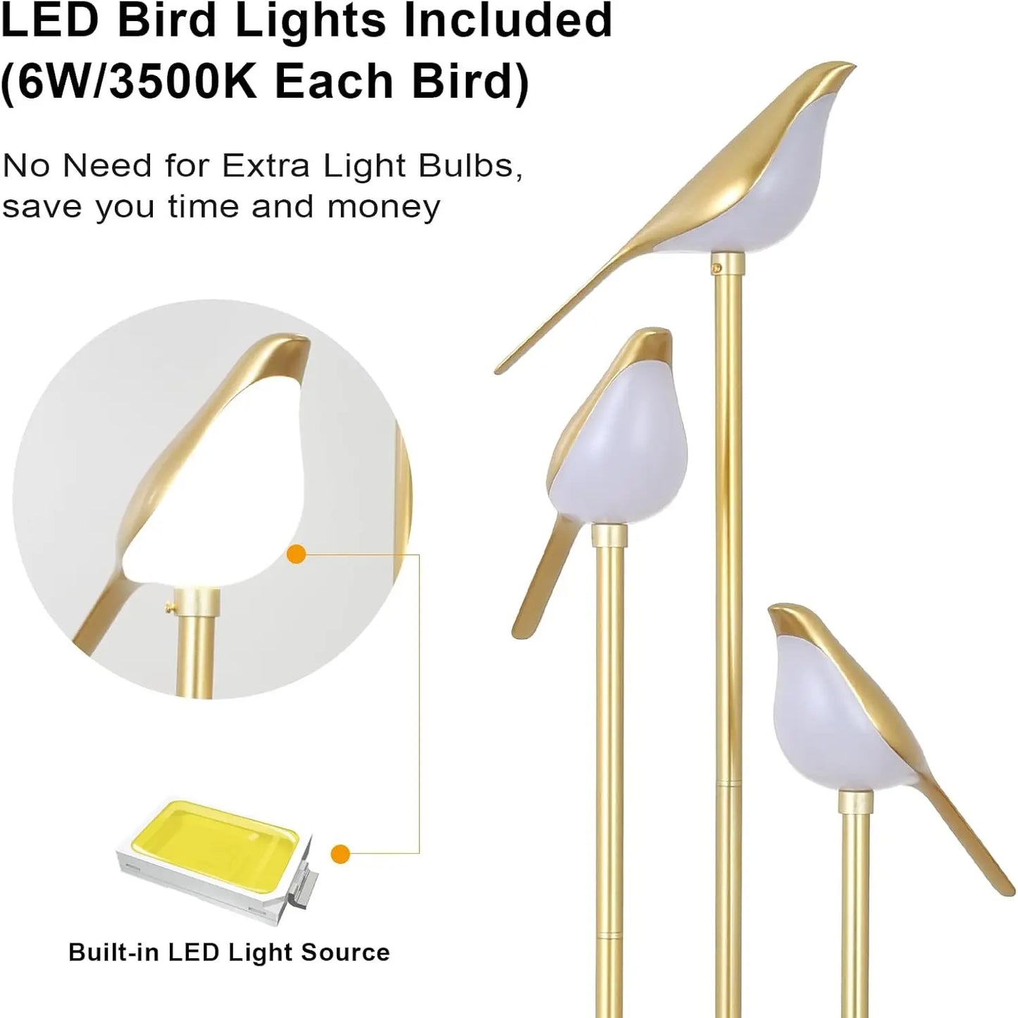 Modern Gold Floor Lamp With Adjustable LED Bird Lights And Wood Shelf