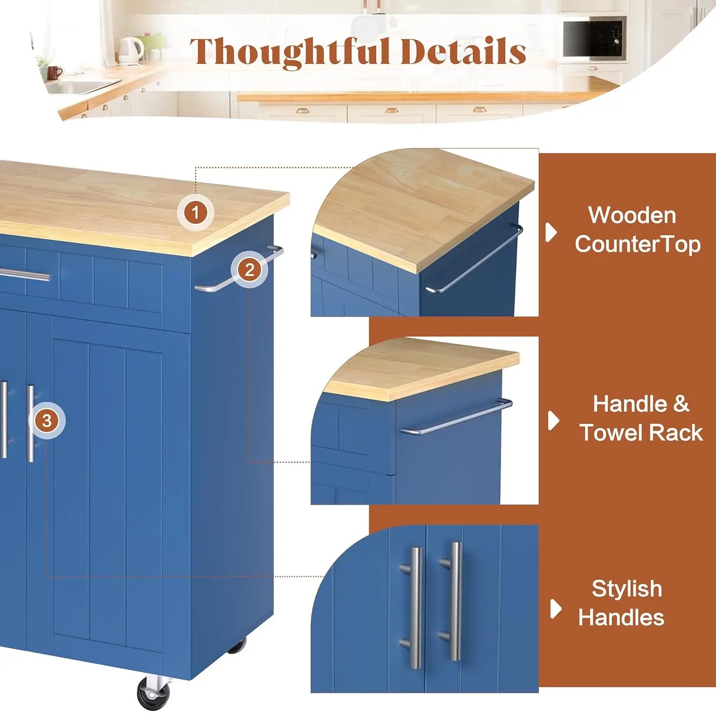 Rolling Kitchen Island Cart With Storage Cabinet And Towel Rack