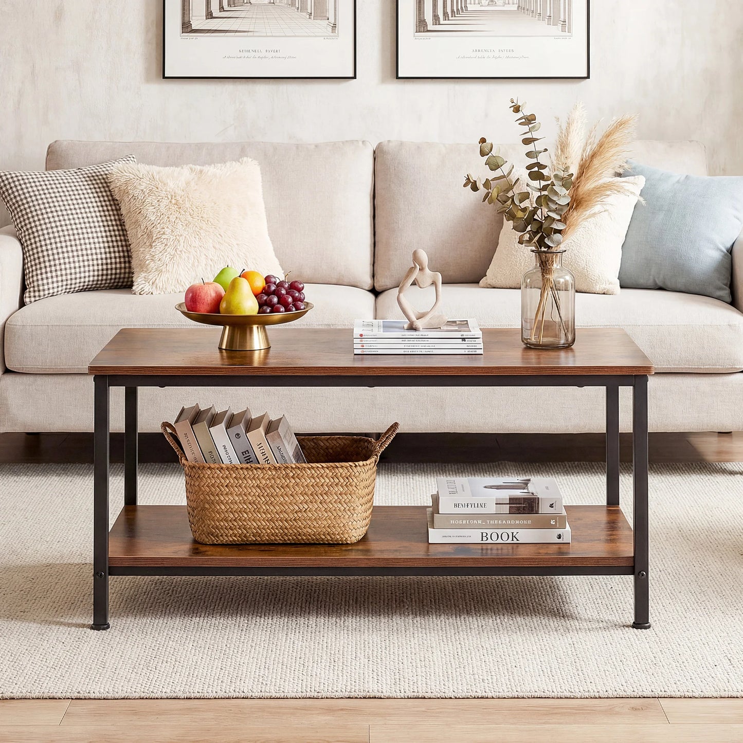 JHK Modern Wood Coffee Table Storage And Anti Slip Feet