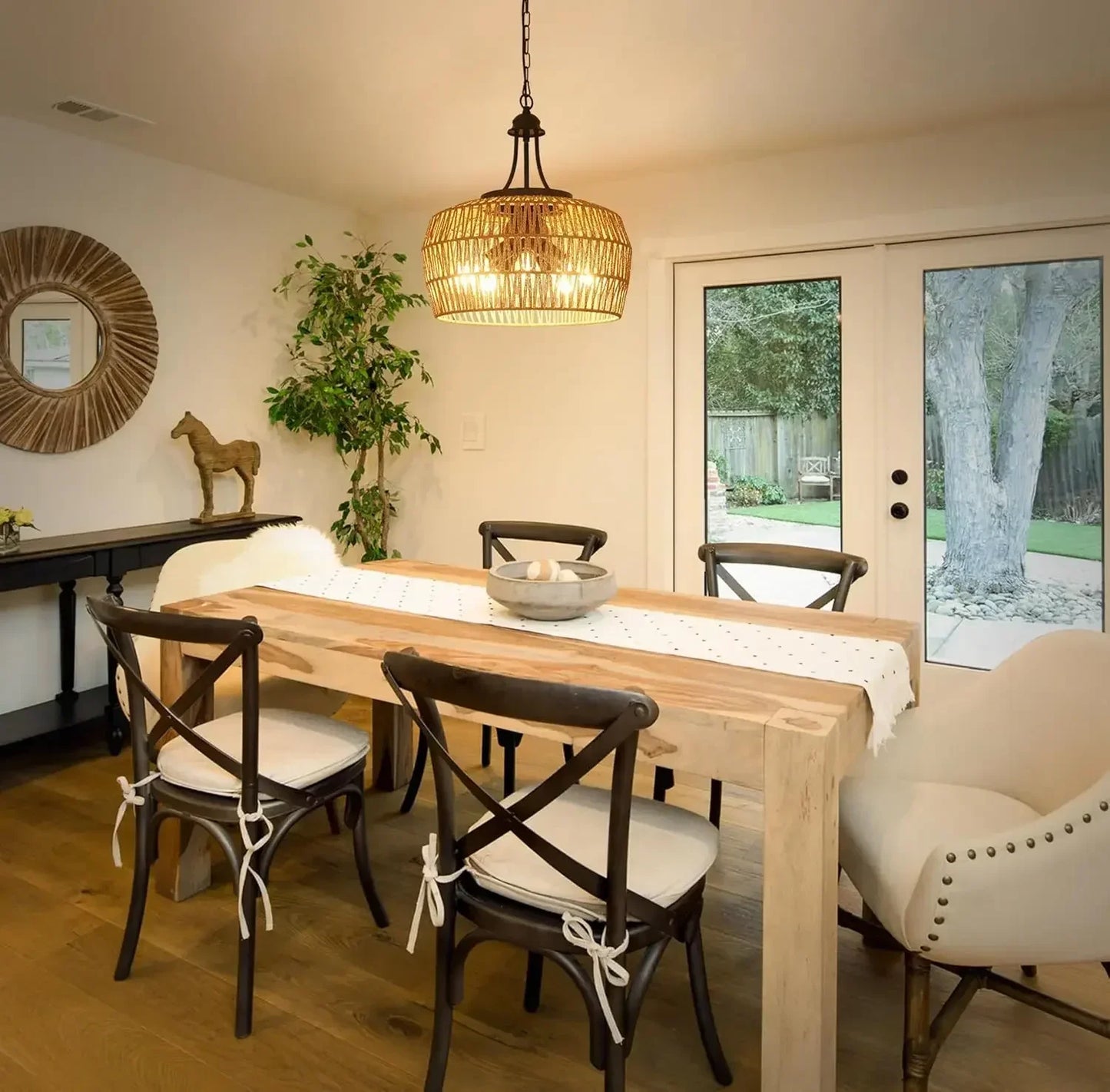 Farmhouse 5 Light Rattan Chandelier Dining Room Light Fixture