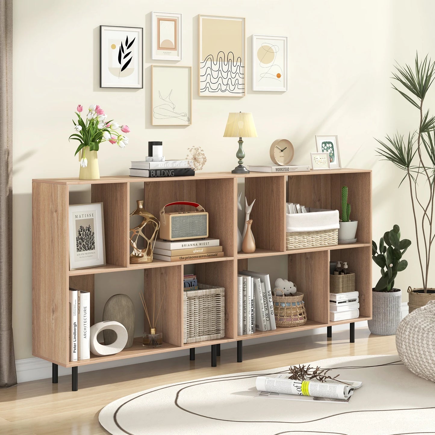 HOMASIS Open Shelf Bookcase 4 Compartments Mid Century Modern