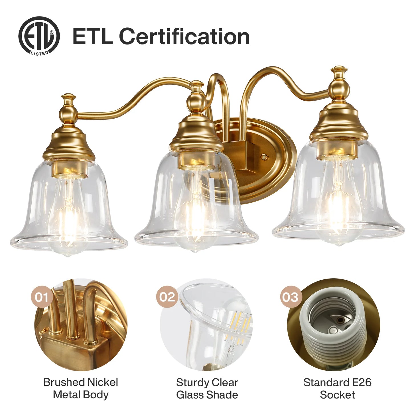 Tribesigns 3 Light Vanity Bath Light Fixture With Glass Shades
