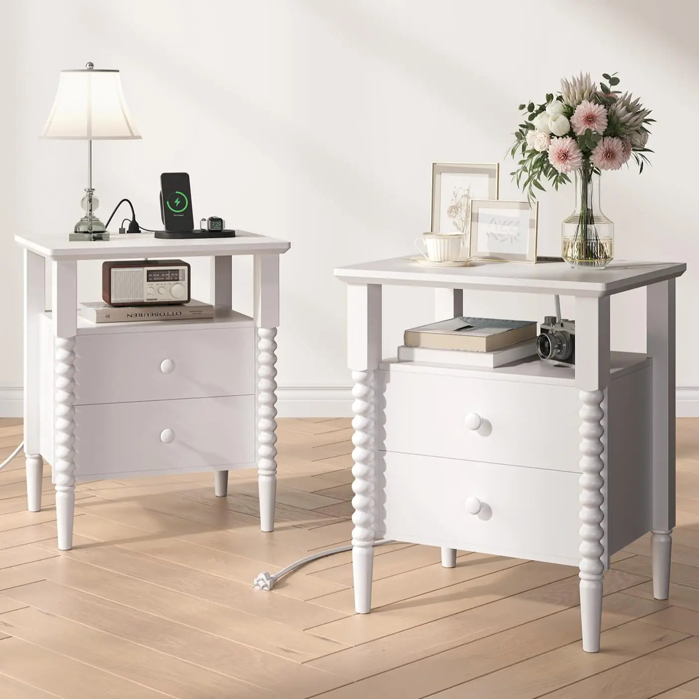 Mid Century Modern Nightstands Set With Drawers Solid Wood Legs