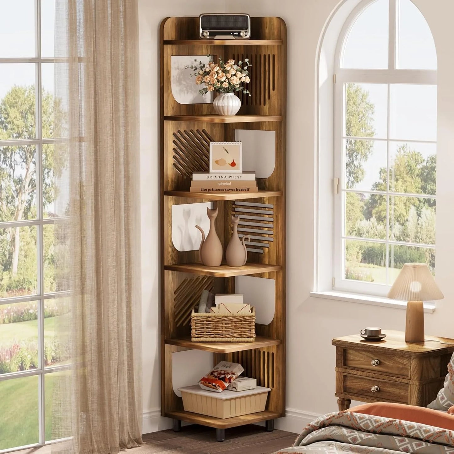 6 Tier Tall Corner Shelf Bookshelf Freestanding Bookcase Home Office