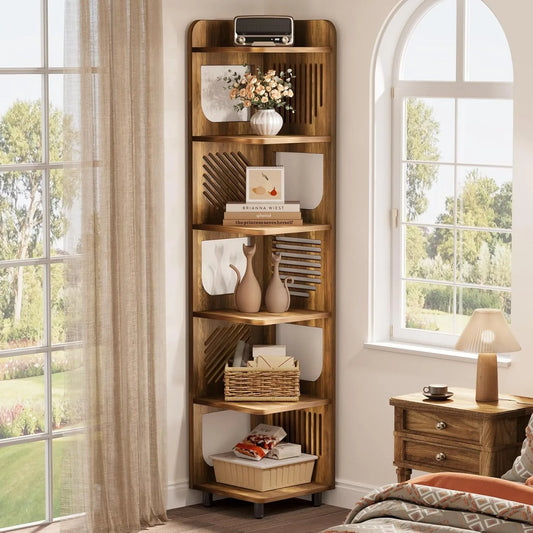 6 Tier Tall Corner Shelf Bookshelf Freestanding Bookcase Home Office